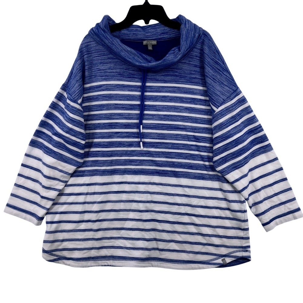 T by Talbots Pullover Womens 2XP Blue White Striped Funnel Neck French Terry Top